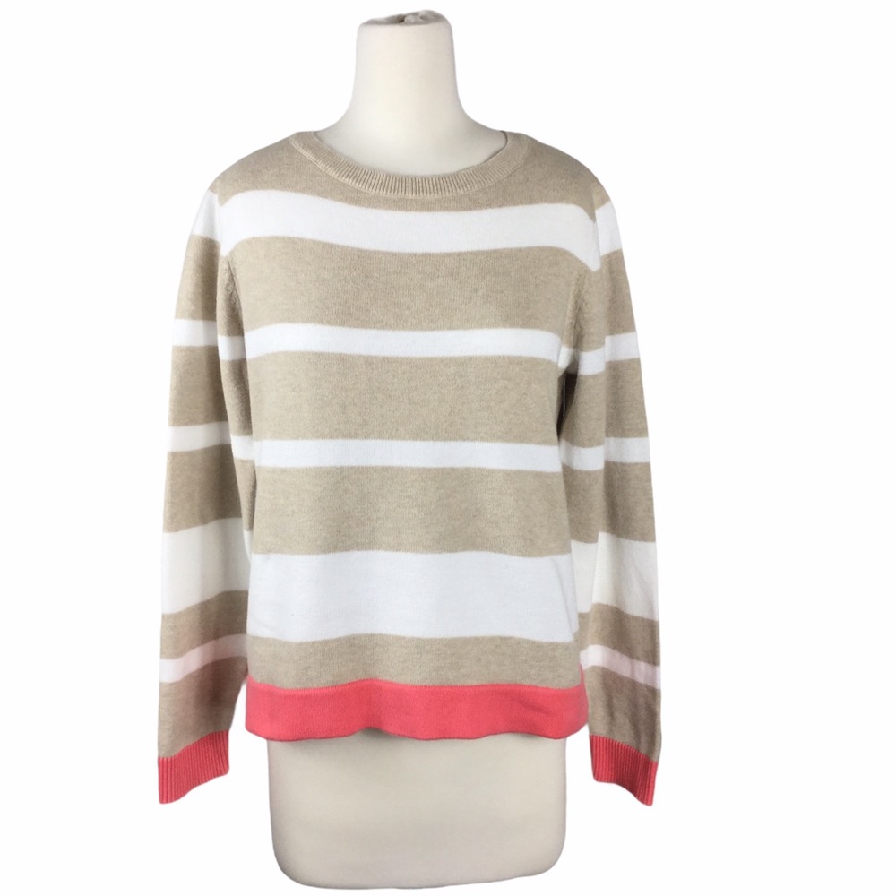 Liz Claiborne white/tan sweater, pink accents SZ M